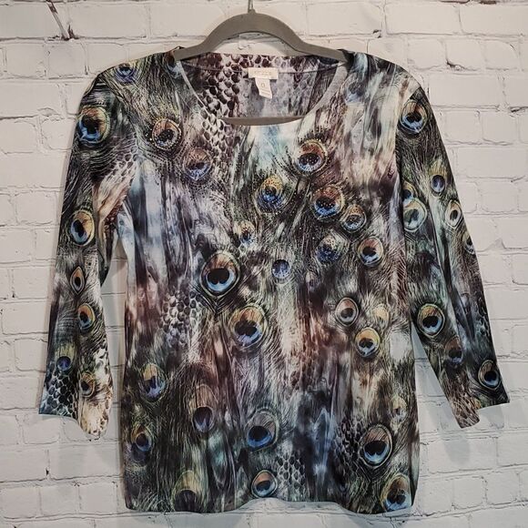 Chico's peacock feather print elbow length sleeve top - Picture 1 of 6